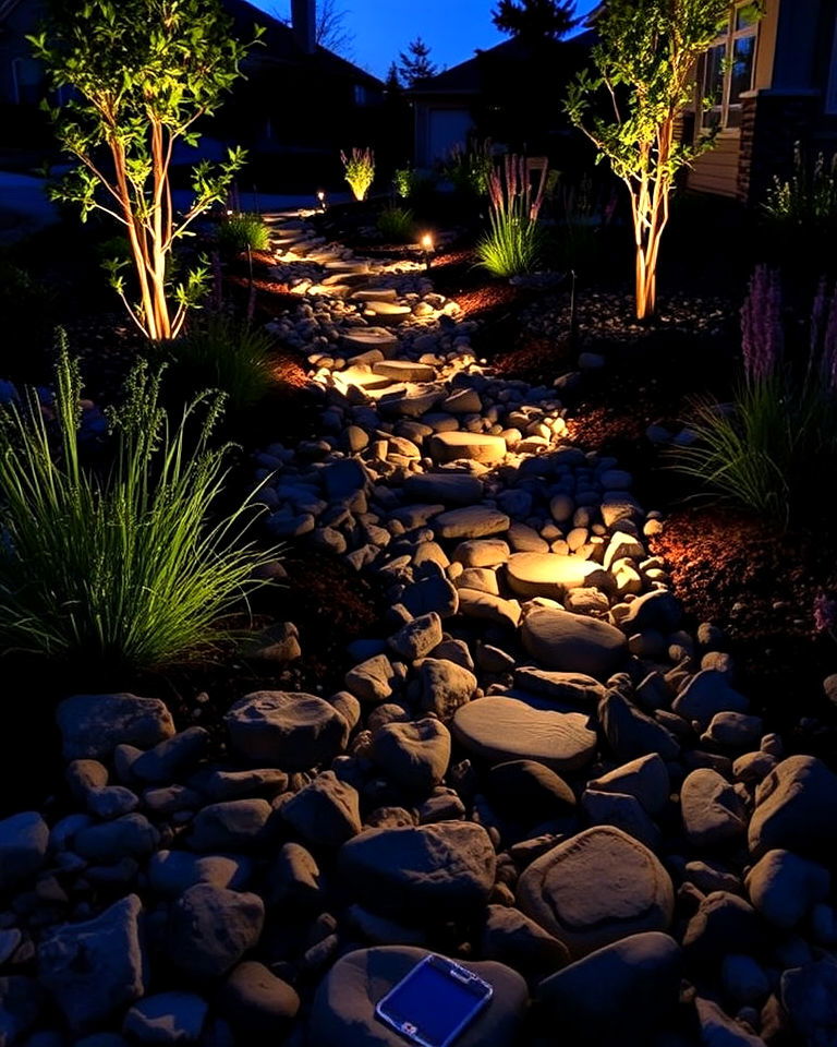 dramatic illuminated creek bed - 30 Front Yard Dry Creek Bed Landscaping Ideas
