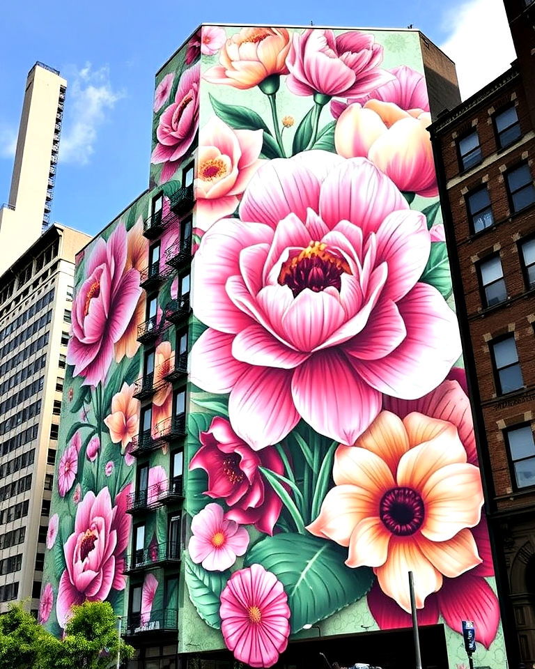 dramatic impact with large scale murals - 20 Flower Murals on Buildings