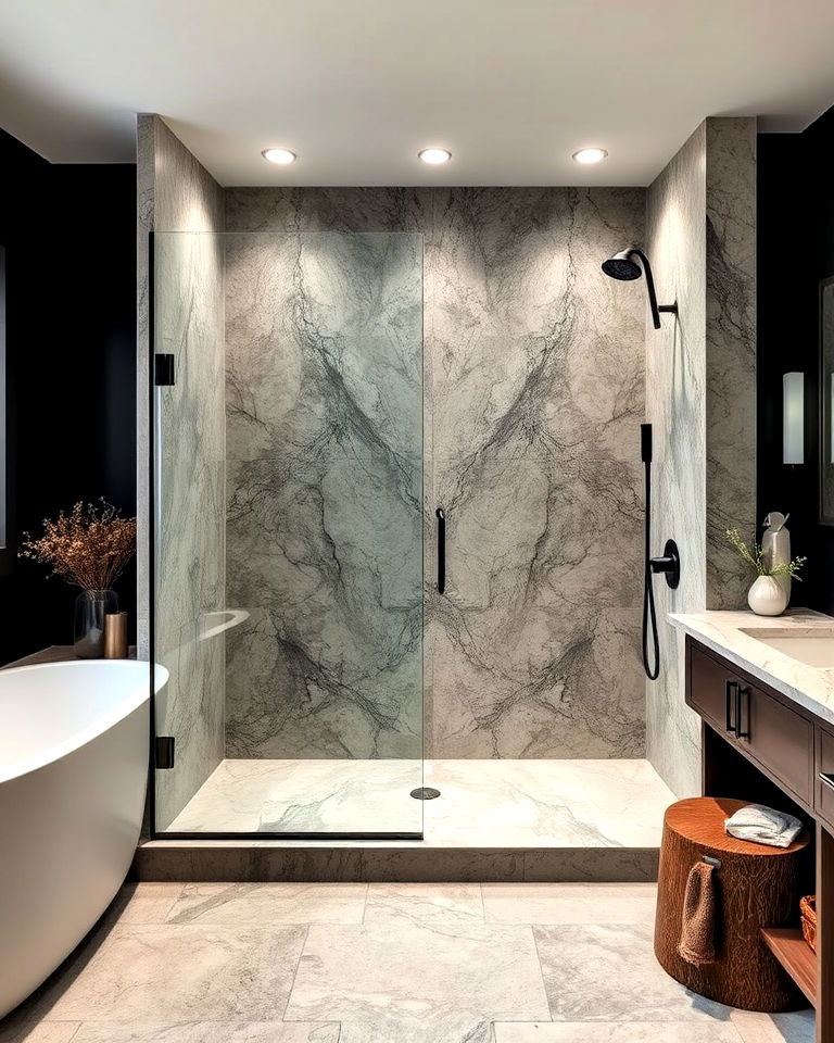 dramatic large stone slab walls - 25 Rustic Walk-in Shower Ideas