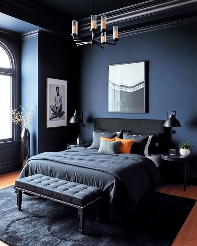 dramatic look dark blue and black combo - 30 Dark Blue Bedroom Ideas