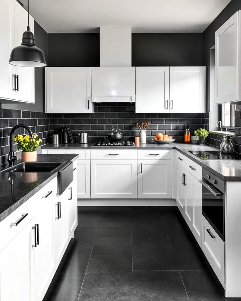 dramatic look with dark grey matte tiles - 20 Kitchens With Grey Floors