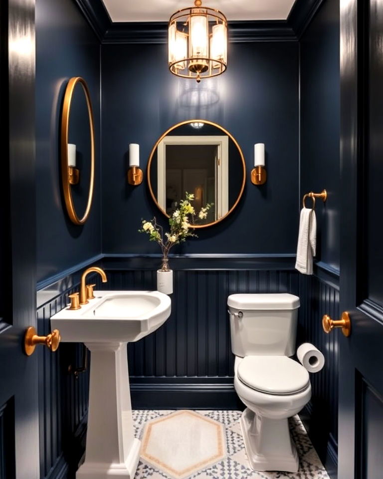 dramatic moody midnight blue walls - 20 Blue Powder Room Ideas