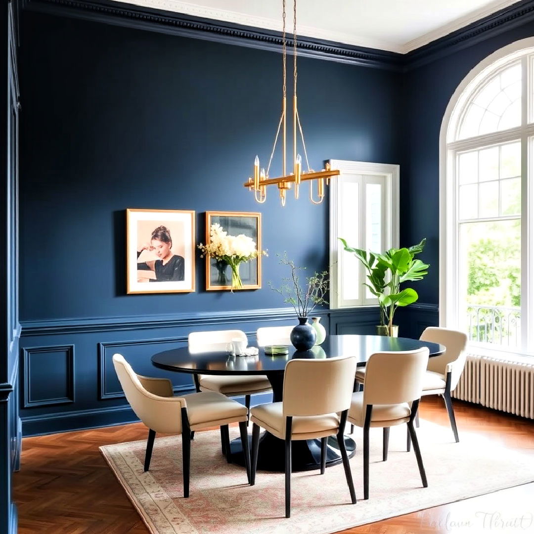 dramatic navy blue walls - 40 Blue Dining Room Ideas