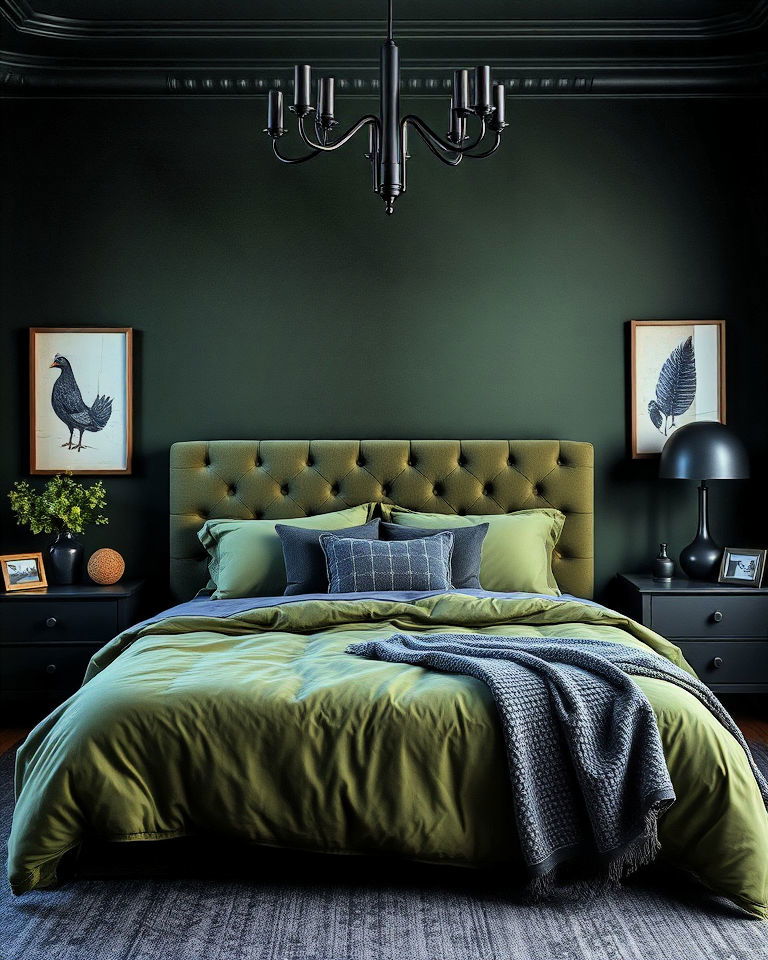 dramatic olive green and charcoal combo for bedroom - 25 Olive Green Bedroom Ideas
