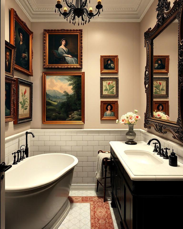 dramatic ornate wall art - 20 Dark Academia Bathroom Ideas