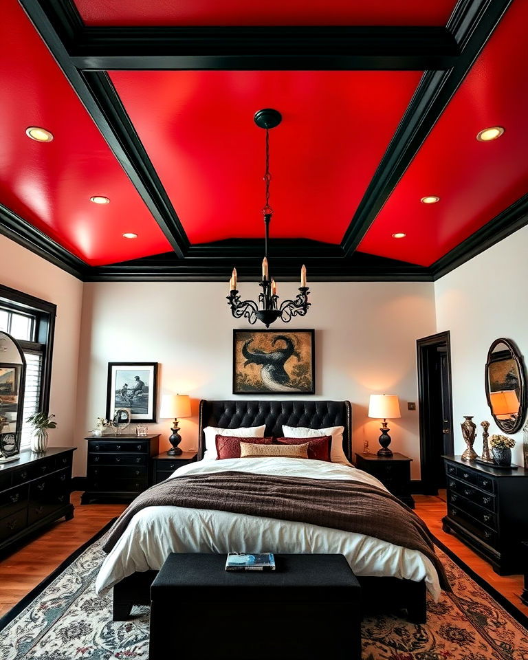 dramatic red ceiling with black trim - 25 Red and Black Bedroom Ideas