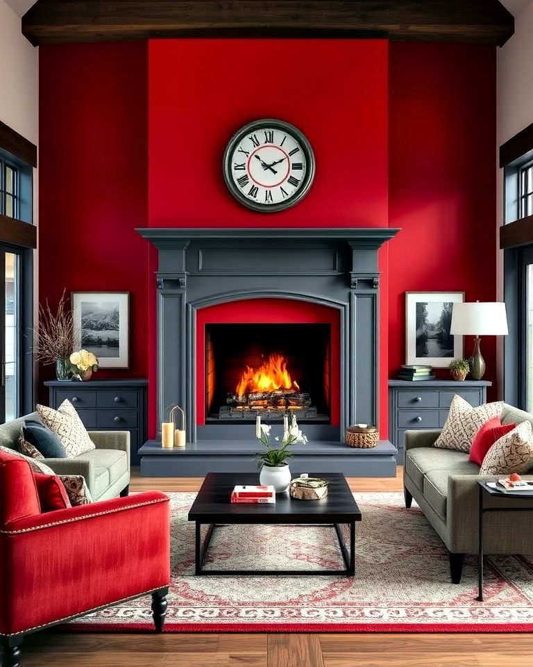 dramatic red feature fireplace with grey mantel - 25 Red and Grey Living Room Ideas