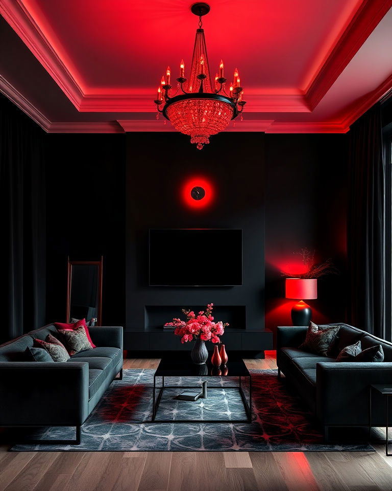 dramatic red lighting against black walls - 25 Black and Red Living Room Ideas