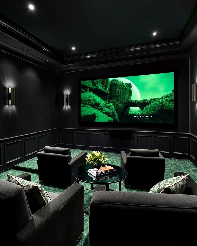 dramatic slate gray and emerald green - 20 Gray Home Theater Paint Color Schemes