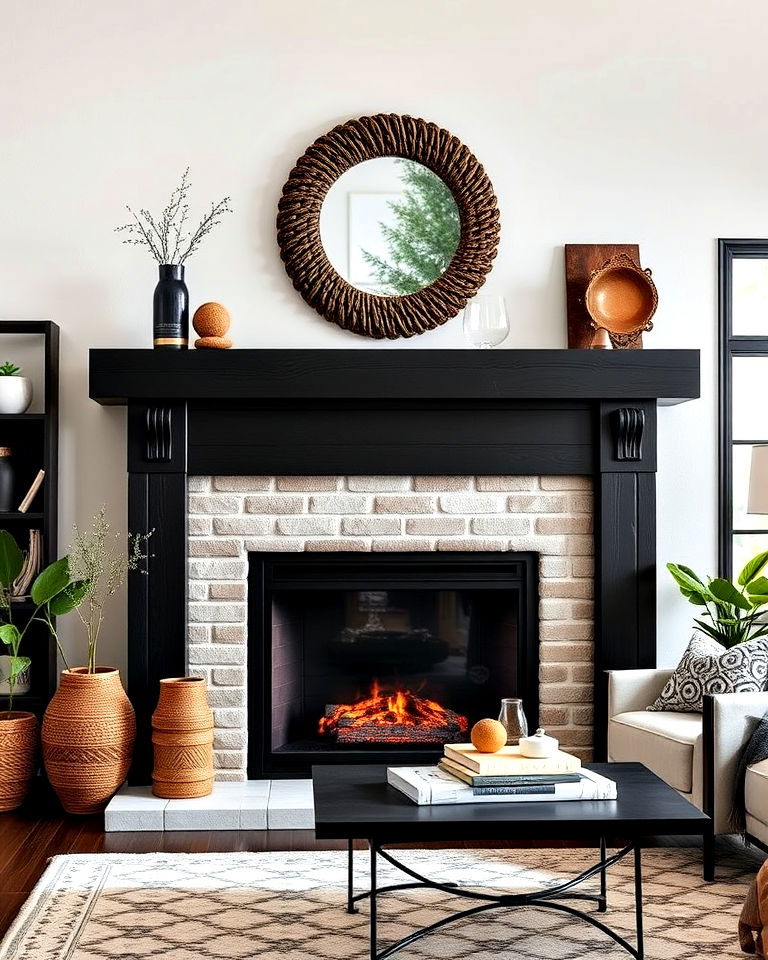 dramatic sleek black wood mantel - 20 Wood Fireplace Mantel Ideas