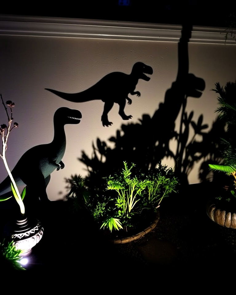 dramatic themed lighting with dinosaur shadows - 20 Dinosaur Garden Ideas