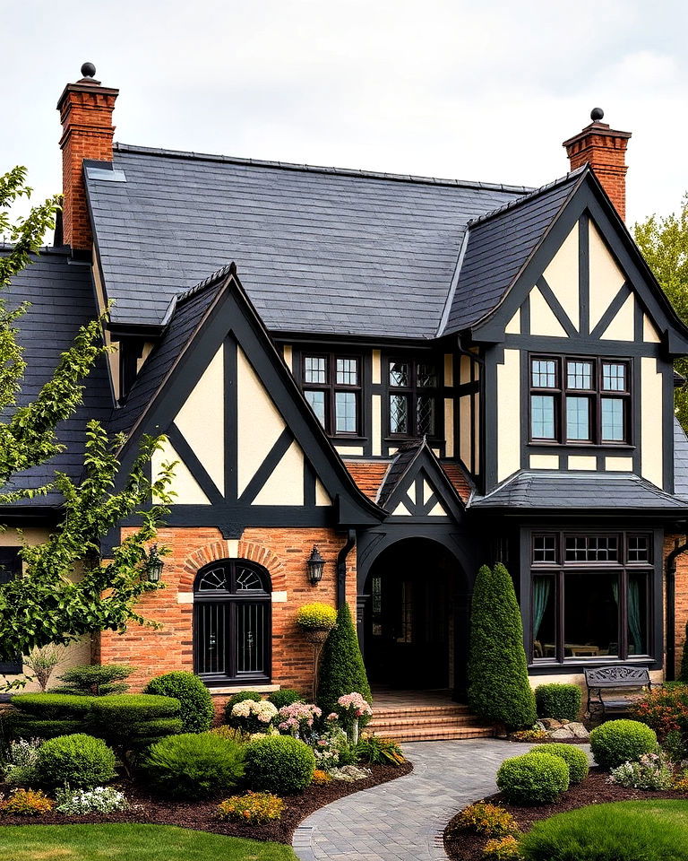 dramatic tudor style house with a black roof - 25 Houses With Black Roofs