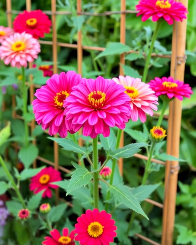 dramatic vertical impact with trellised zinnias - 25 Zinnia Garden Ideas