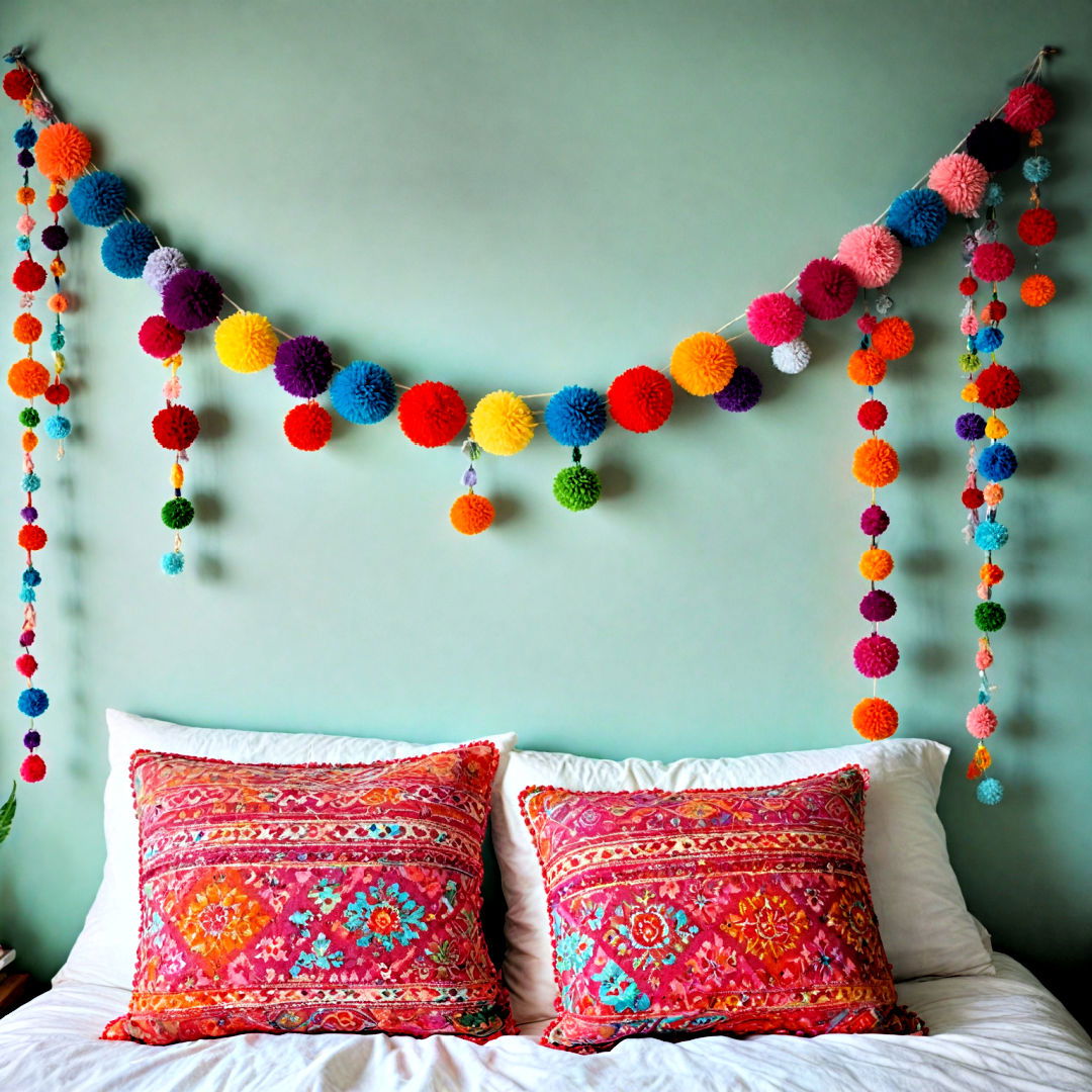 drap pom pom garland - 40 Boho Bedroom Ideas