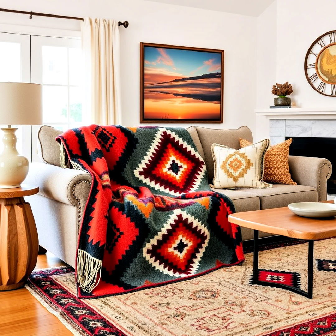 drape navajo style blanket over sofa - 25 Southwestern Living Room Ideas