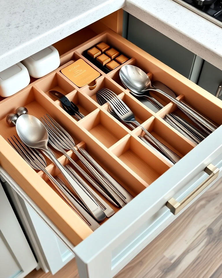 drawer dividers to organize small kitchen tools - 40 Small Kitchen Storage Ideas