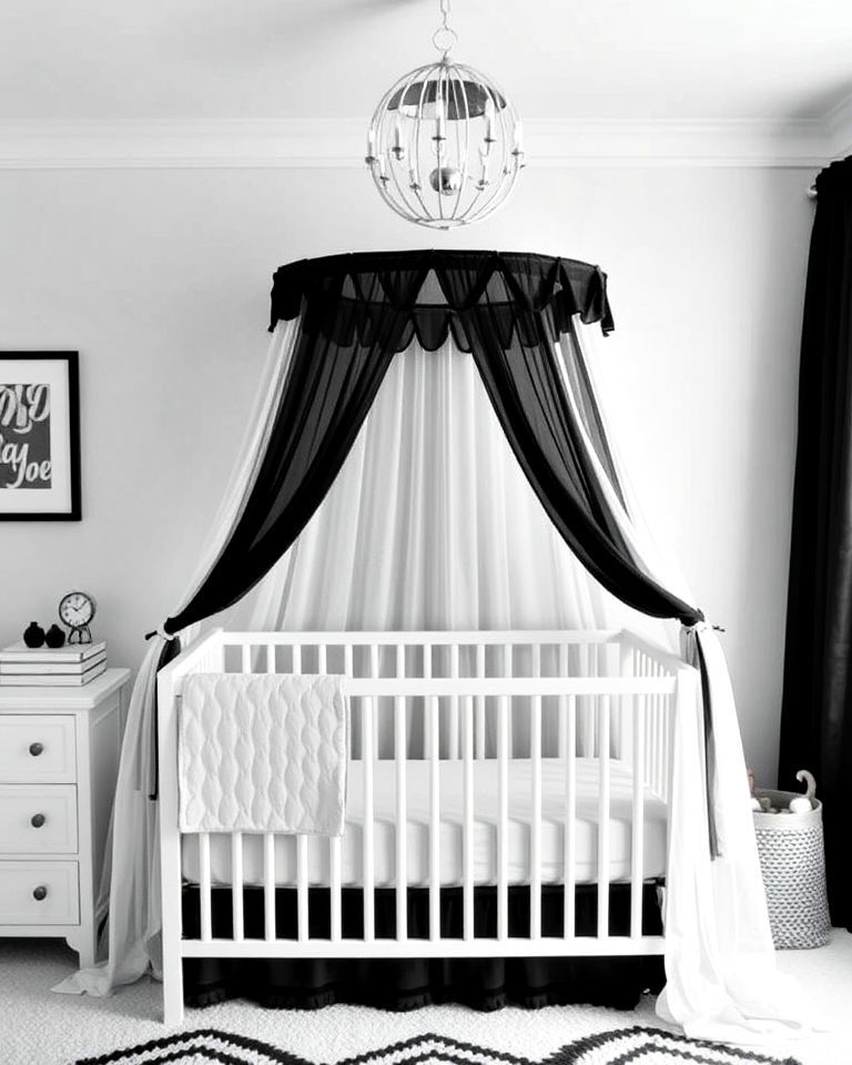 dreamy black and white canopy - 25 Black Nursery Ideas