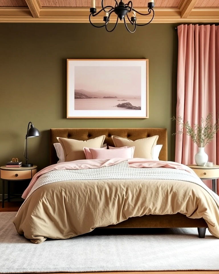 dreamy olive green and blush pink bedroom - 25 Olive Green Bedroom Ideas