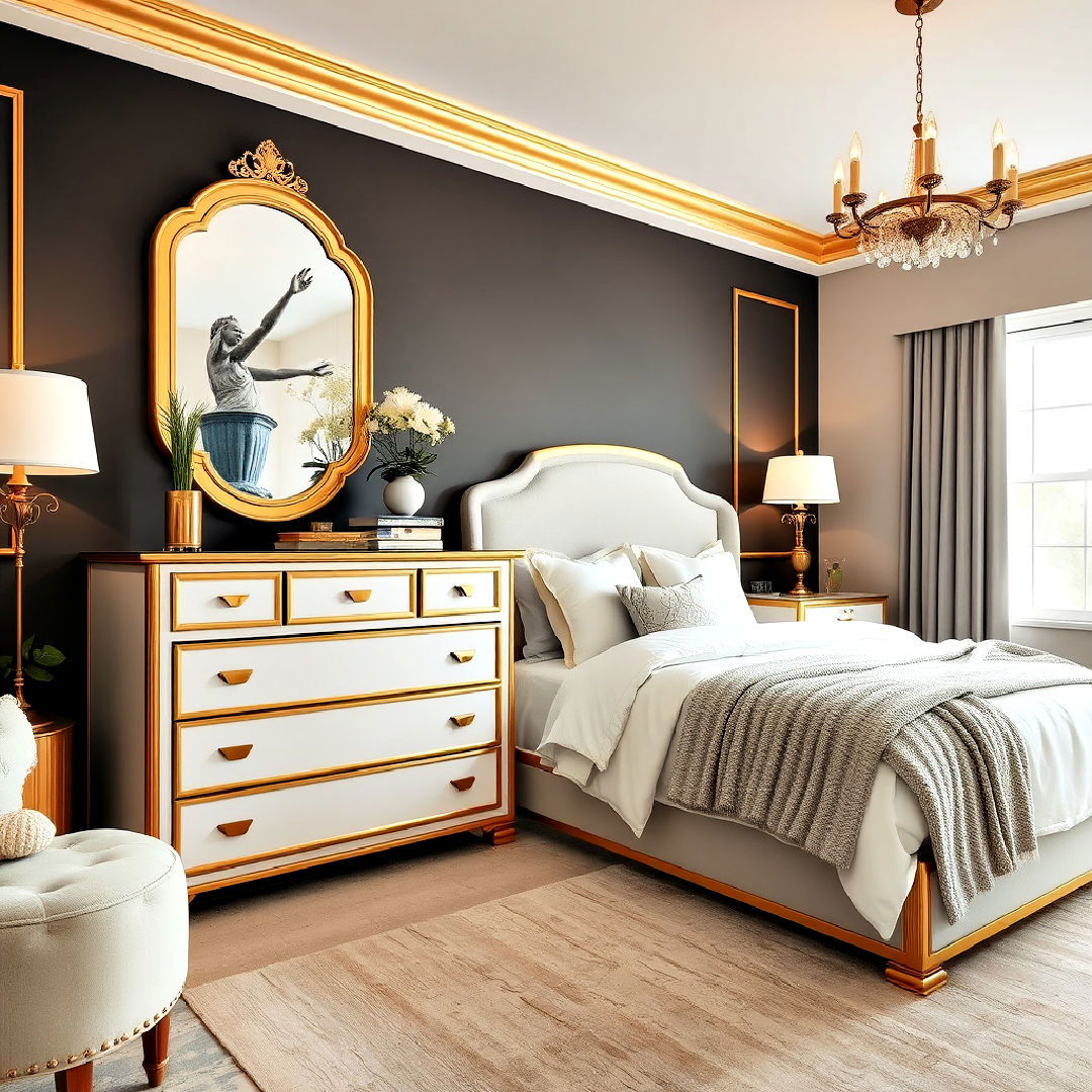 dresser with gold edged detailing - 25 Gold Bedroom Ideas