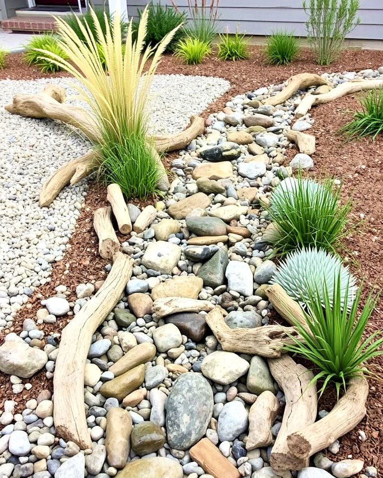 driftwood accents for dry creek bed - 30 Front Yard Dry Creek Bed Landscaping Ideas