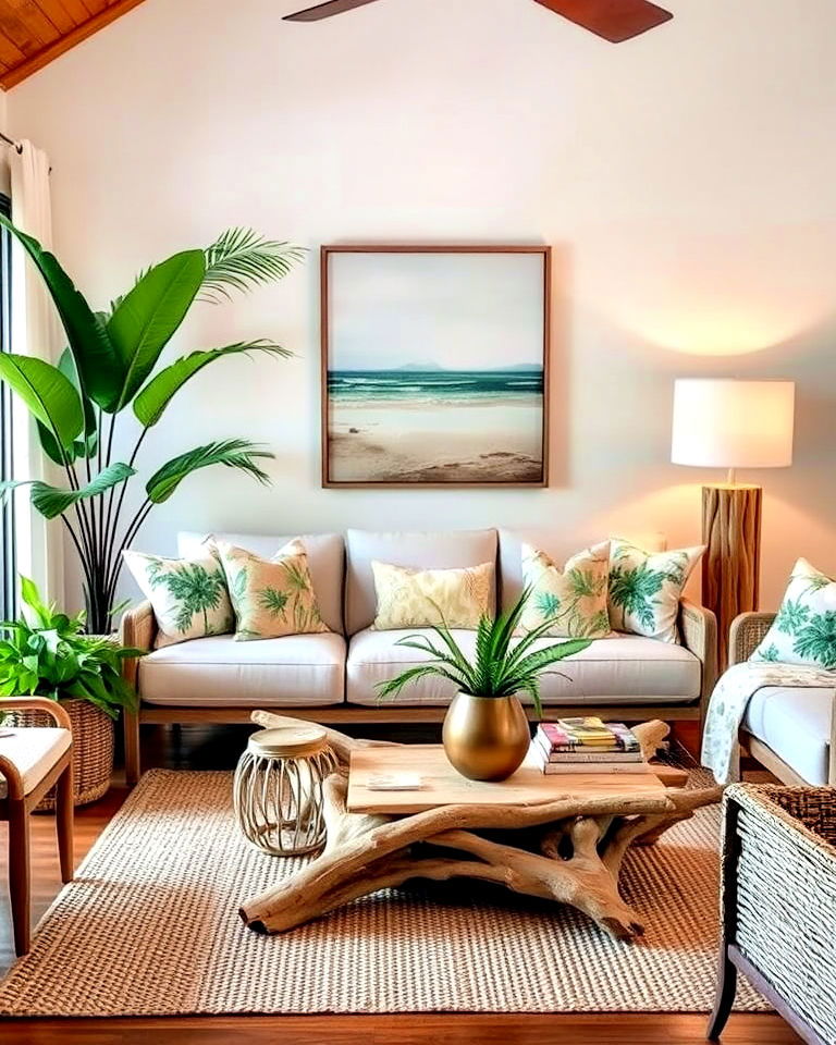 driftwood accents to add coastal touch - 25 Tropical Living Room Ideas