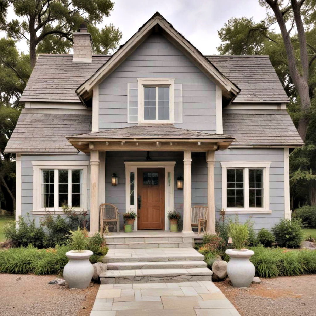 driftwood gray paint with natural wood trims - 40 Gray Exterior House Paint Ideas