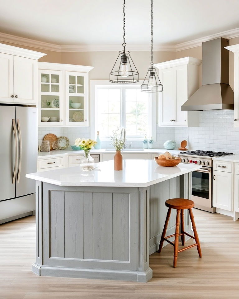 driftwood like grey island with crisp white cabinets - 15 White Kitchen Cabinets With Grey Island Ideas