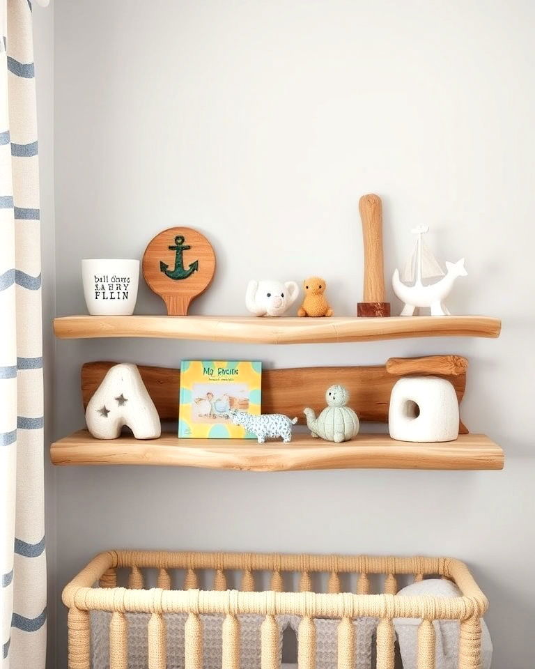 driftwood shelf for nautical themed nursery - 25 Nautical Nursery Ideas