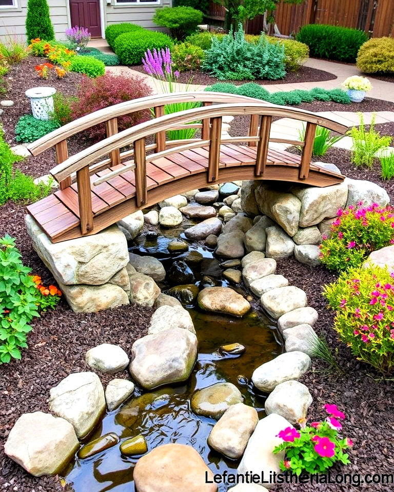 dry creek bed with decorative bridge - 30 Front Yard Dry Creek Bed Landscaping Ideas