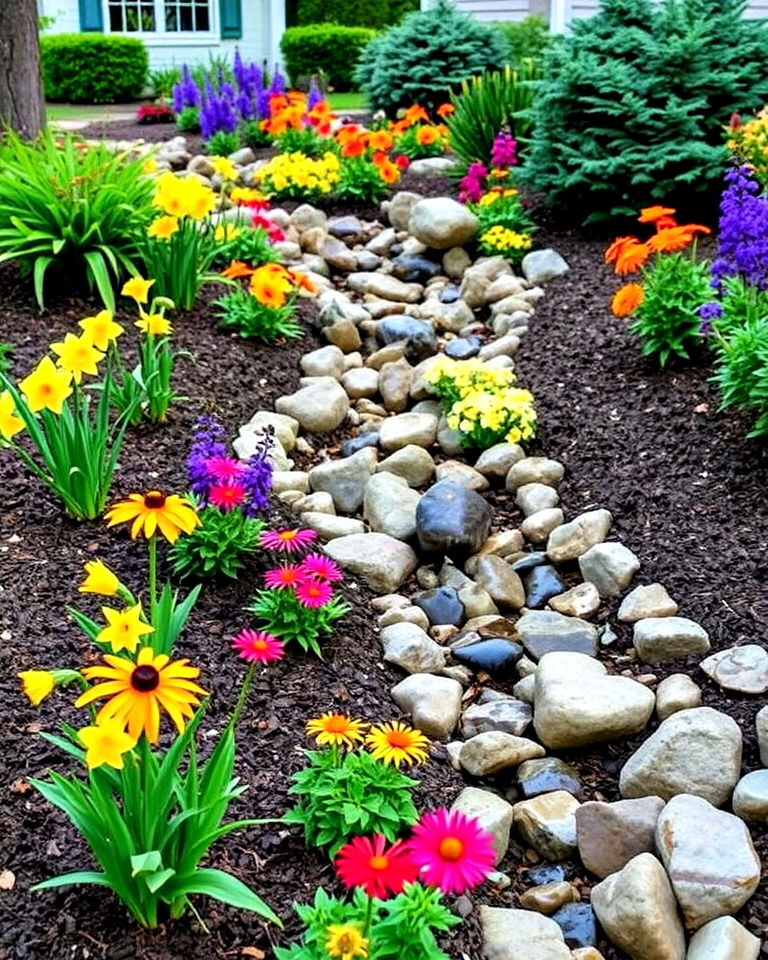 dry creek bed with flowering plants - 30 Front Yard Dry Creek Bed Landscaping Ideas