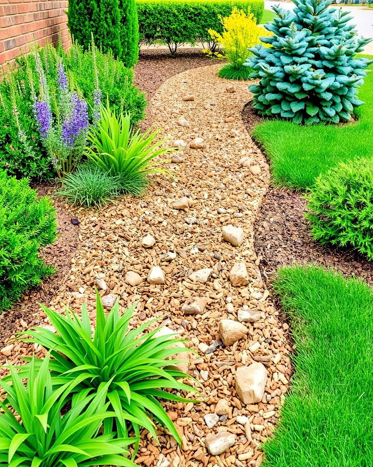 dry creek bed with natural mulch edging - 30 Front Yard Dry Creek Bed Landscaping Ideas