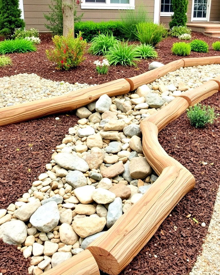 dry creek bed with rustic wooden edging - 30 Front Yard Dry Creek Bed Landscaping Ideas