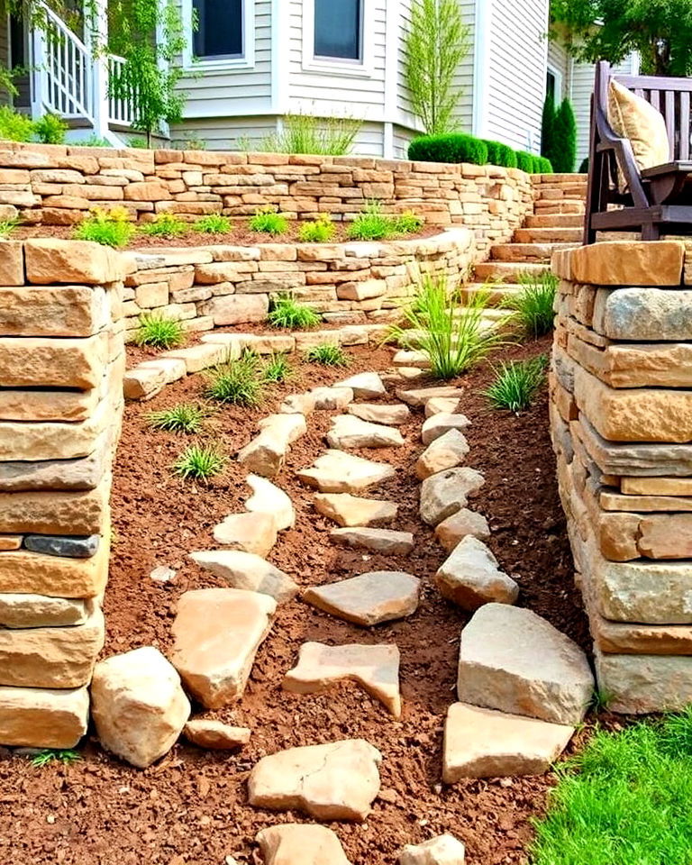 dry creek bed with stacked stone walls - 30 Front Yard Dry Creek Bed Landscaping Ideas