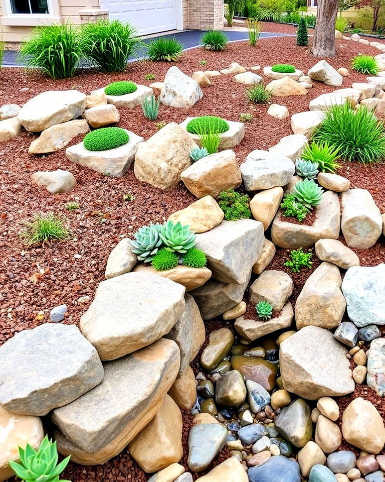 dry creek bed with vertical rock garden - 30 Front Yard Dry Creek Bed Landscaping Ideas