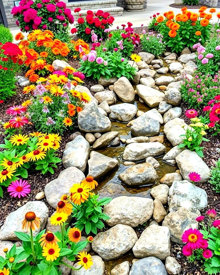 dry creek bed with vibrant flowering plants - 30 Front Yard Dry Creek Bed Landscaping Ideas