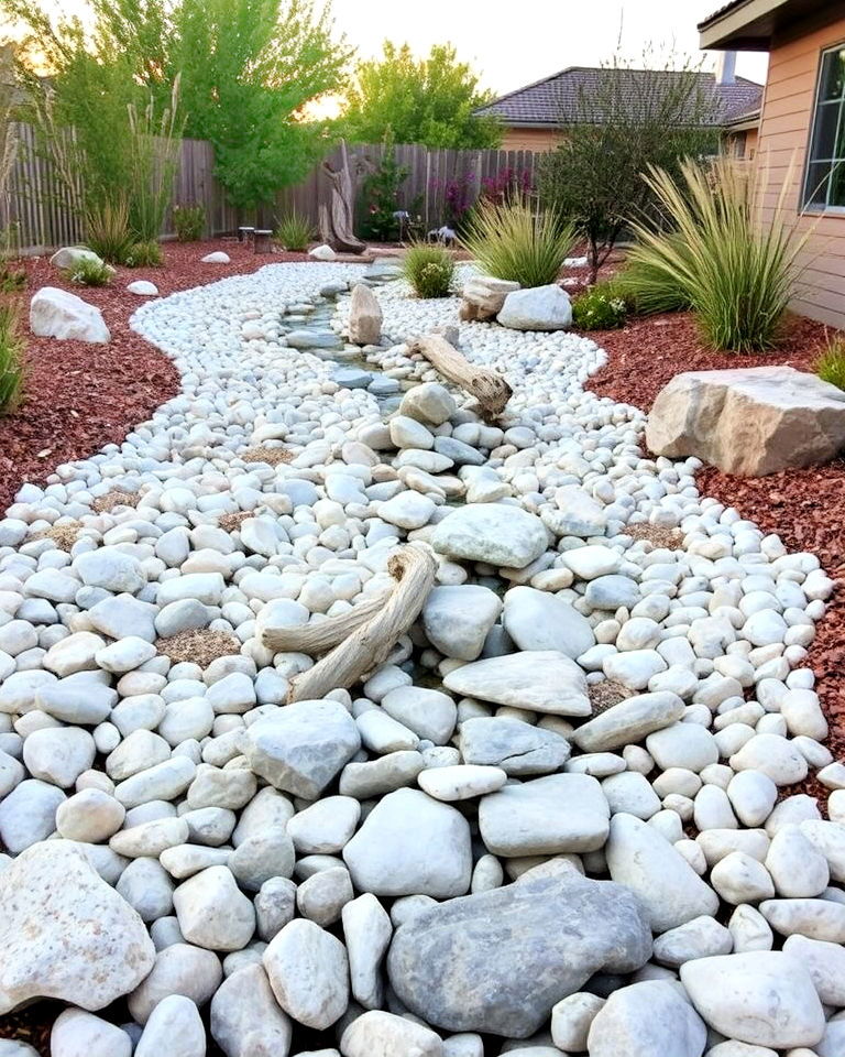 dry riverbed with white rocks - 25 White Rock Landscaping Ideas