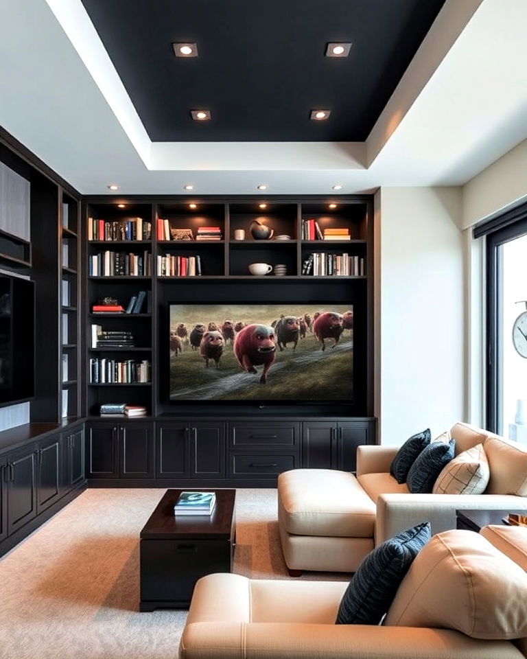 dual purpose built in bookshelves - 40 Small Home Theater Ideas