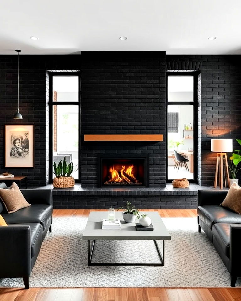 dual sided black brick fireplace for open spaces - 30 Black Brick Fireplace Ideas