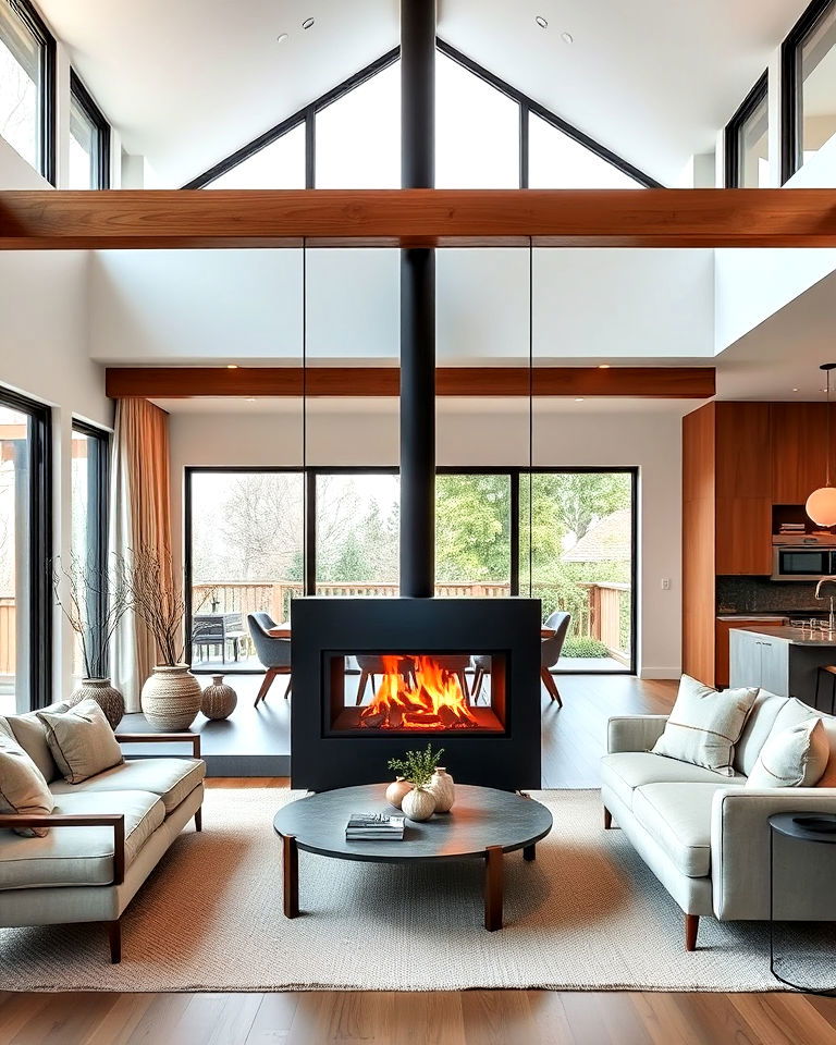 dual sided scandinavian fireplace - 20 Scandinavian Fireplace Ideas