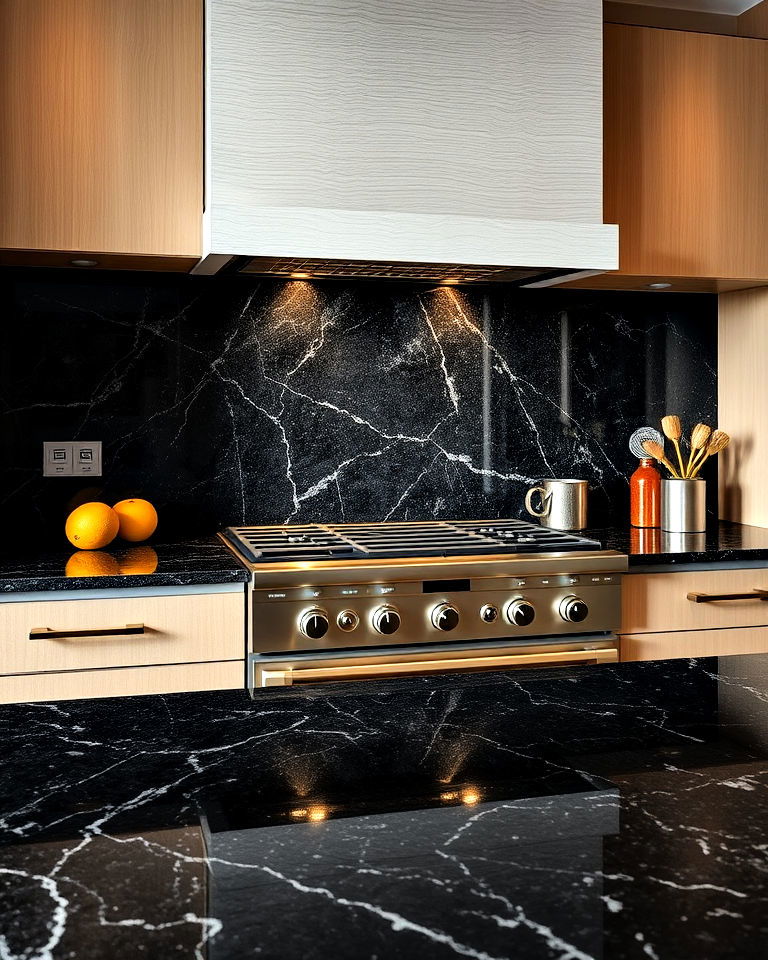 durable black granite slab backsplash - 30 Kitchen With Black Backsplash