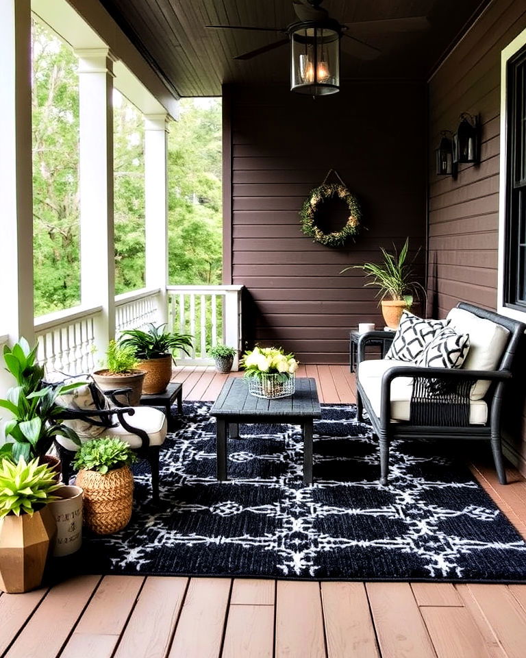 durable black outdoor rug - 15 Black Porch Ideas