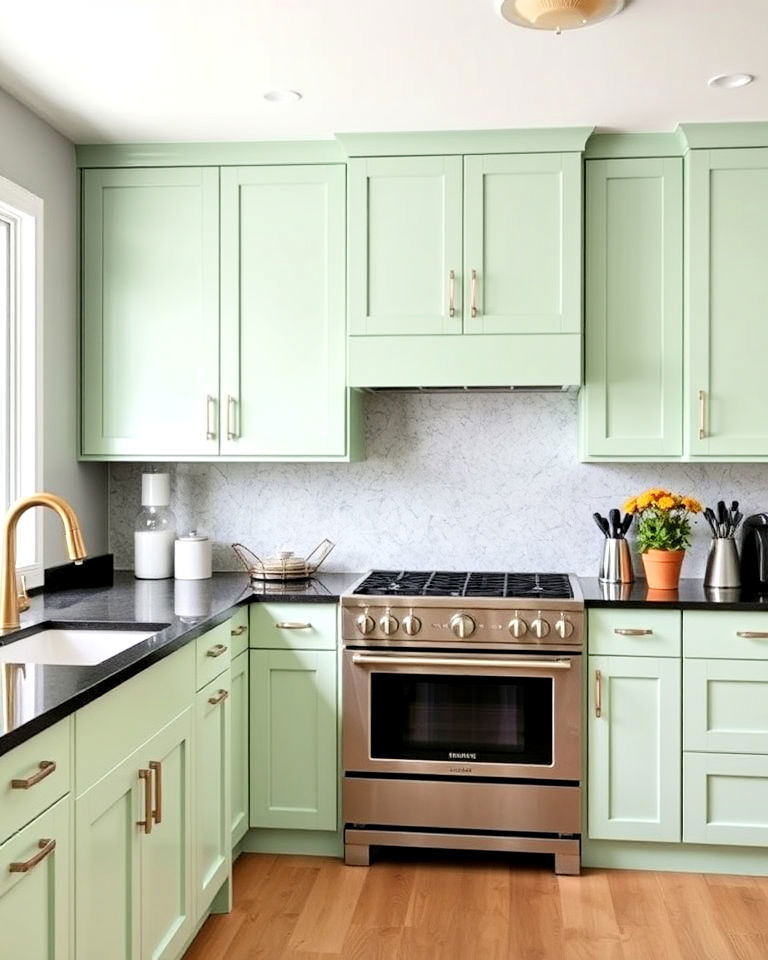 durable black quartz countertops and light green cabinets - 20 Green Kitchen Cabinets With Black Countertops