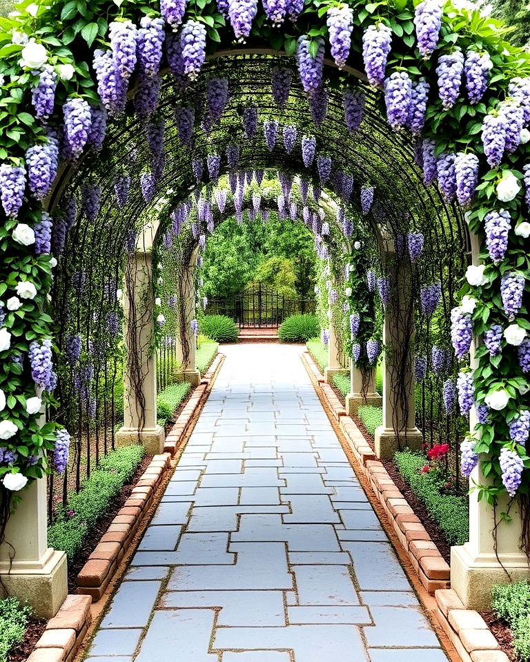 durable bluestone walkway with flowering vine arches - 15 Bluestone Walkway Ideas