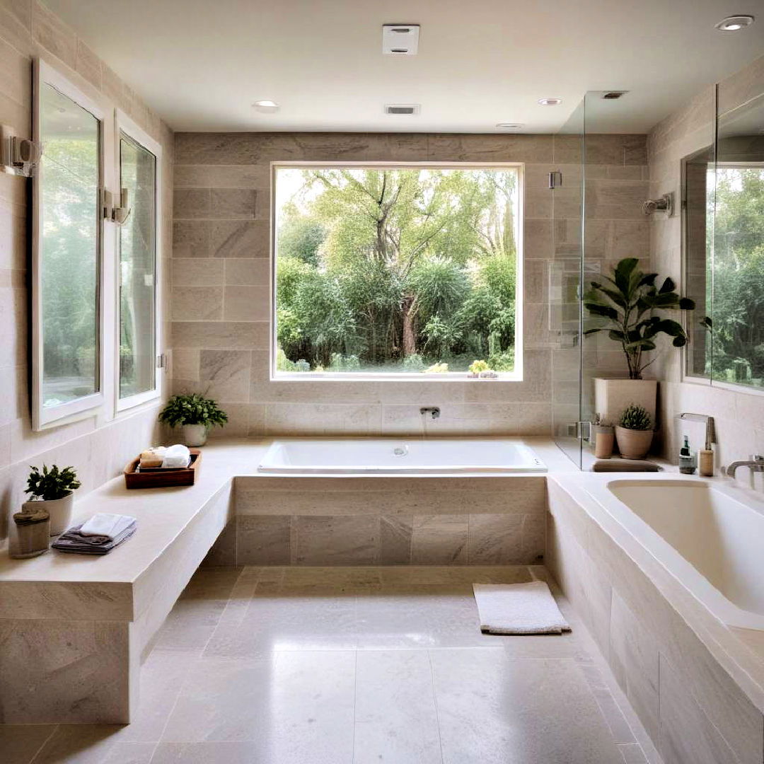 durable built in seating - 20 Pool Bathroom Ideas