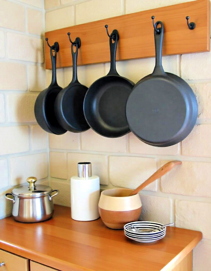 durable cast iron cookware display - 20 Primitive Kitchen Ideas