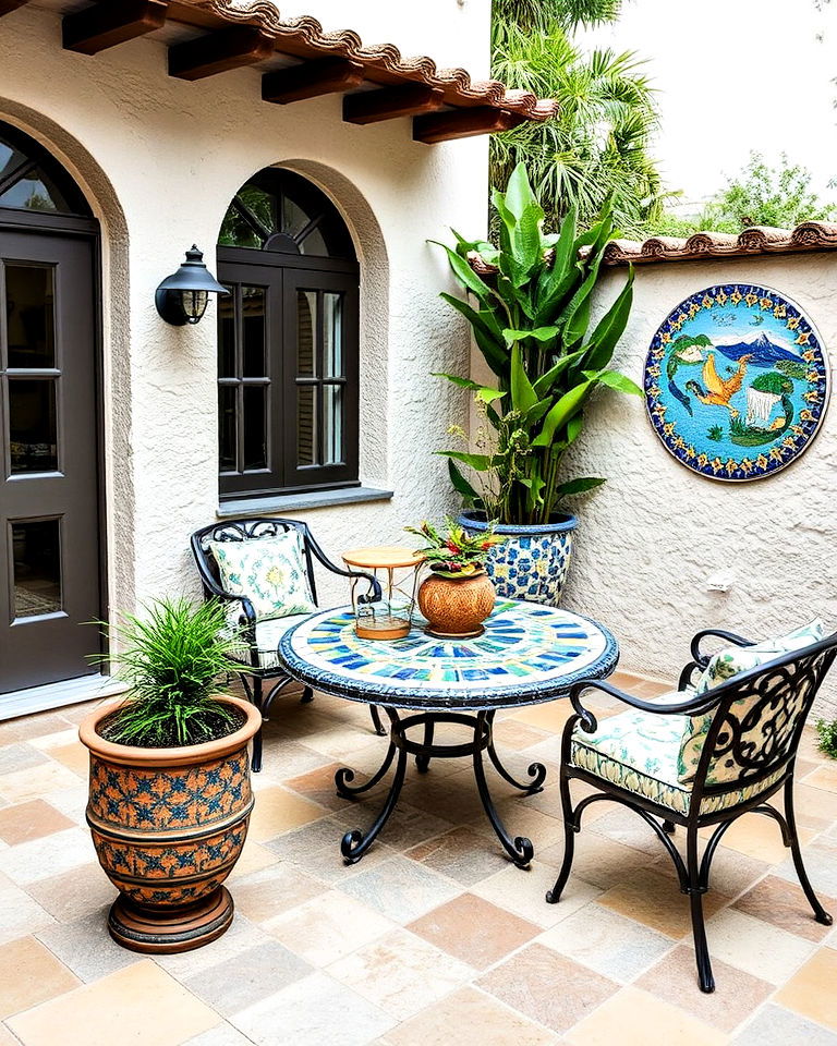 durable colorful mosaic accents - 25 Mediterranean Patio Ideas