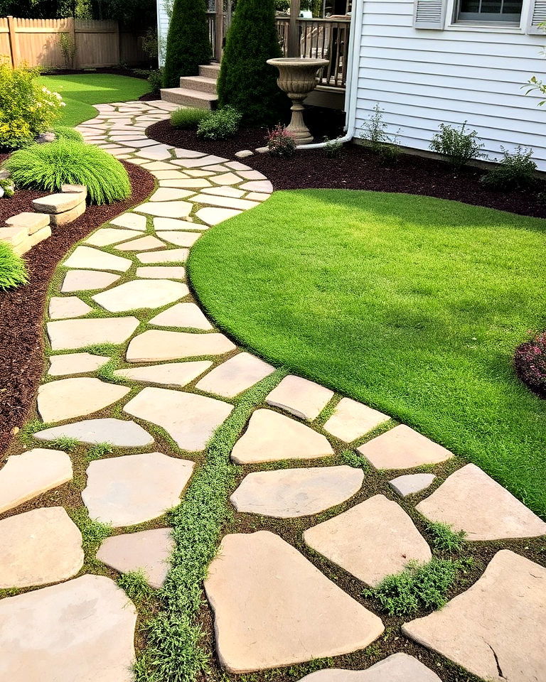 durable flagstone walkway with meandering lines - 25 Curved Walkway Ideas