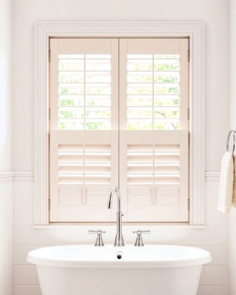 durable half shutter panels - 30 Bathroom Window Treatment Ideas