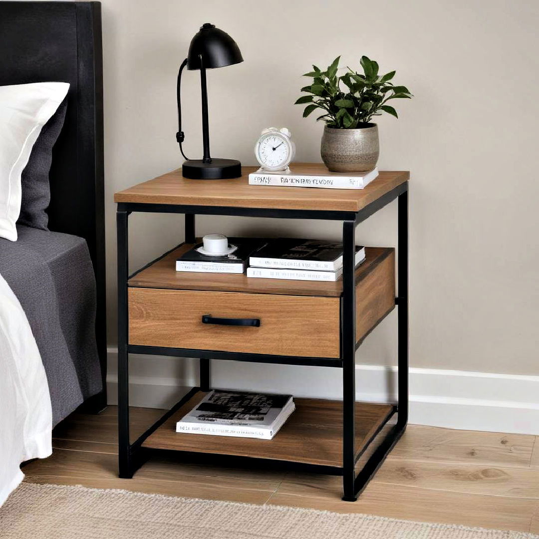durable metal and wood bedside table - 20 Industrial Bedroom Ideas