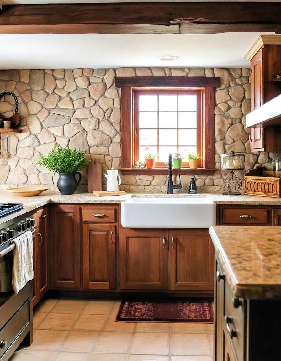 durable natural stone countertops and flooring - 20 Primitive Kitchen Ideas